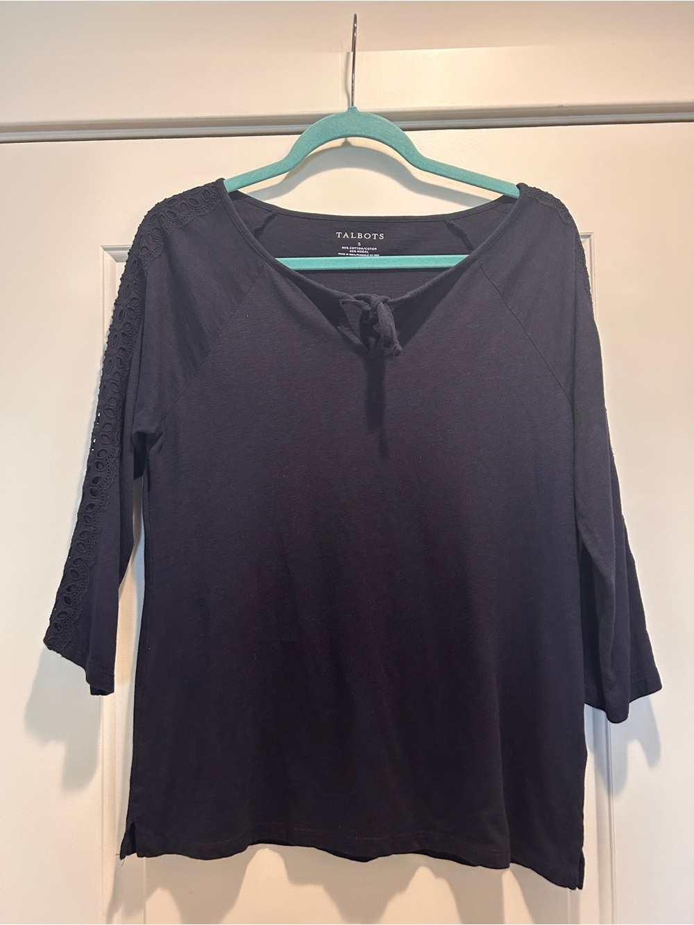 Talbots Black Lace-Trim Tie-Neck Women's Top Small